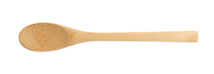 Wooden spoon on white background, top view