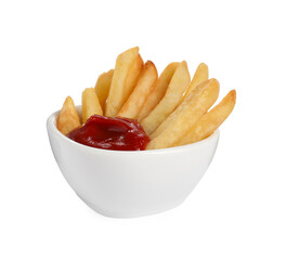 Bowl of delicious french fries with ketchup on white background