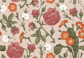 Seamless pattern. Beautiful fabric blooming realistic isolated flowers. Vintage background. Rose primrose primula wildflowers. Wallpaper baroque bouquet Drawing engraving Vector victorian  - obrazy, fototapety, plakaty