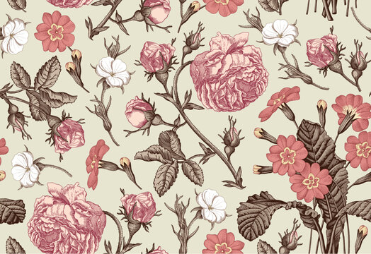 Seamless pattern. Beautiful fabric blooming realistic isolated flowers. Vintage background. Rose primrose primula wildflowers. Wallpaper baroque bouquet Drawing engraving Vector victorian 