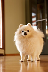 Cute fluffy Pomeranian dog at home. Lovely pet