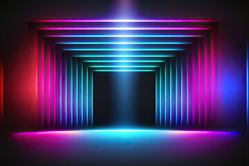 Neon light background: glowing lines, tunnel, neon lights, virtual reality, square portal, arch, pink blue orange vibrant colors, laser show. Generative AI illustration.