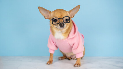 A red chihuahua dog with glasses and a pink hoodie on a blue background. Concept for optics shop, pet stores, shops,  pet grooming salons, educations, sale, advertisement, discount. Banner