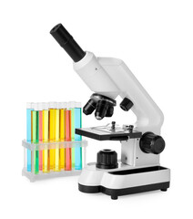 Test tubes with colorful liquids and microscope isolated on white
