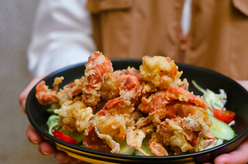 Soft-shell crab salad served with organic lettuce, clean food for health lovers