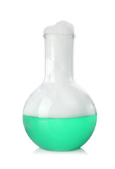 Laboratory flask with colorful liquid isolated on white. Chemical reaction