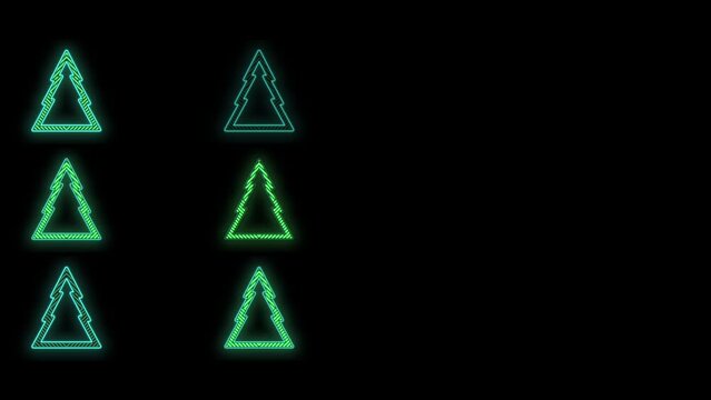 Neon green Christmas trees pattern on black gradient, motion abstract club, party and winter holidays style background