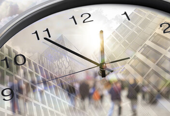 Time related concepts. Multiple exposure of clock, office buildings and people