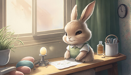 "The Smart and Adorable Easter Bunny Character Preparing for a Festive Feast", an illustrated storybook featuring a lovable and intelligent bunny getting ready for the Easter celebration