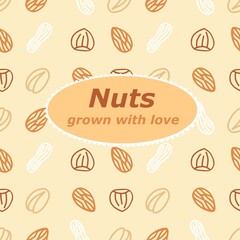 Nuts label, contour image of almonds, hazelnuts, peanuts and pistachios on a light yellow background with the inscription nuts grow with love, hand drawn digital drawing.