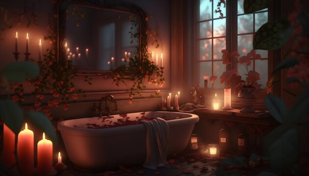 Premium Photo  Relaxation romantic bath in bathroom with candles created  with generative ai