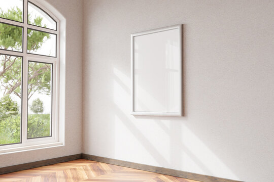 mock up poster frames in modern home interior with wooden parquet floor and single design chair in front of large window; 3D Illustration