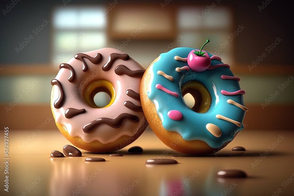Poster image of two donuts in closeup on a glossy background generative ai