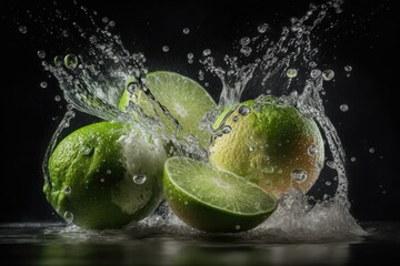 Fototapeta na wymiar lime in water splash on black background with Generative AI