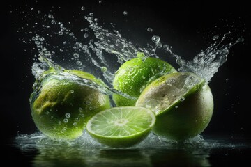 lime in water splash on black background with Generative AI