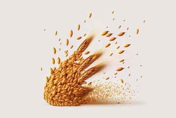 Hoisted grains of barley malt float on a white backdrop. Generative AI
