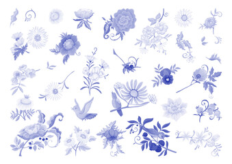 Fantasy flowers and birds in retro, vintage, jacobean embroidery style. Clip art, set of elements for design. Vector illustration. 