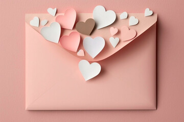 Blank envelope full of red hearts shapes paper against pink background. Generative AI