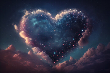 Love heart shapes in night sky as Valentine's Day background. Generative AI