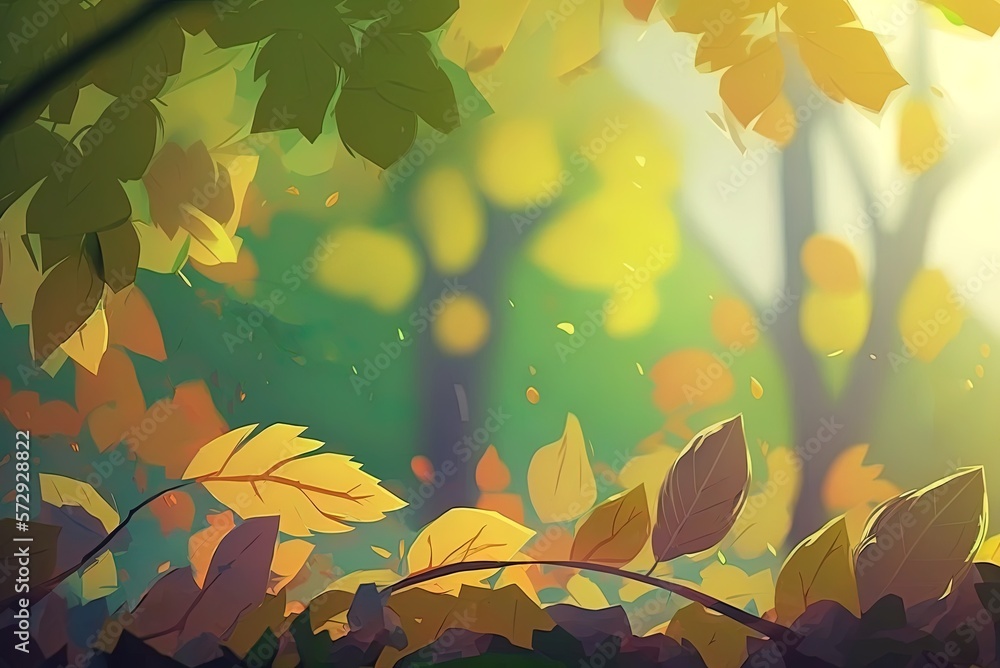 Poster october park scene with blurred leaves as a backdrop, bokeh effect. generative ai