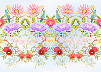 Fantasy flowers and birds in retro, vintage, jacobean embroidery style. Millefleurs seamless pattern, background. Vector illustration. Multicolor.