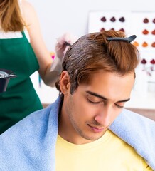Naklejka premium Woman hairdresser applying dye to man hair