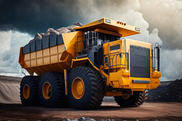 Heavy mining truck driving on the mining site. Generative AI