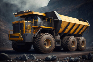 Big yellow mining truck at worksite. Generative AI