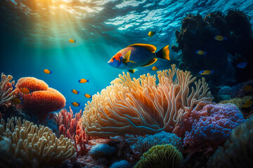 Colorful tropical fish coral scene background. Generative AI