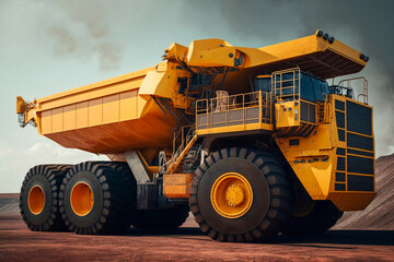 Obraz premium Big yellow mining truck at work sit. Generative AI