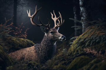 Noble deer male in forest. Artistic landscape. Generative AI
