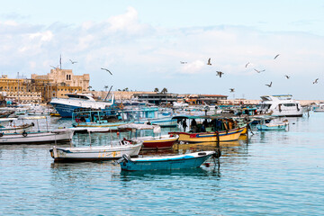 Harbor of Fishing Boats Floating on Blue Sea Water, Alexandria, Egypt. Africa.