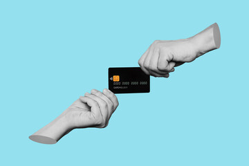 The black plastic credit card is in the hands of two women holding it from different sides isolated on a blue color background. Trendy 3d collage in magazine style. Contemporary art. Modern design