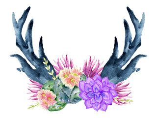 Boho Horns bull and deer with sucuulents cactus plants isolated elements transparent background
