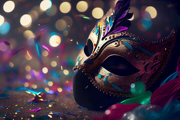 ilustration, Venetian carnival mask and party confetti with copy space, Generative AI