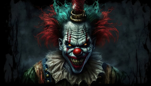 Scary horror clown with creepy smile.