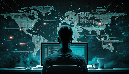 Obraz premium Scientists analyze information using a digital tablet and laptop. modern data visualizations, data network digital graphics, AI, and Generative AI digital Images.