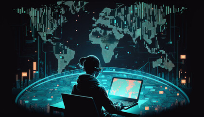 Scientists analyze information using a digital tablet and laptop. modern data visualizations, data network digital graphics, AI, and Generative AI digital Images.