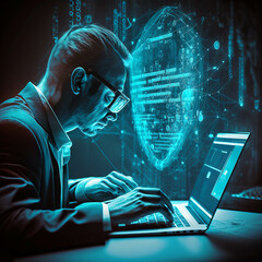 Scientists analyze information using a digital tablet and laptop. modern data visualizations, data network digital graphics, AI, and Generative AI digital Images.