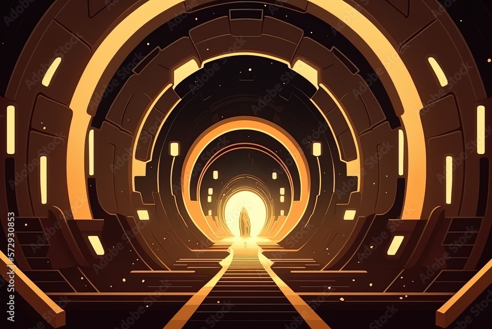 Poster circular pixelated tunnel in the future with brown and gold lighting generative ai