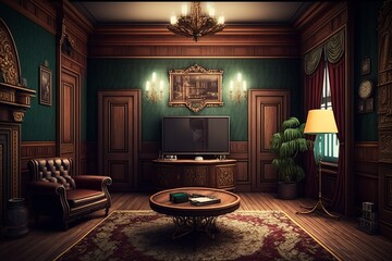 Victorian style living room interior in cozy home with wooden walls and decorations and a granfather clock next to television