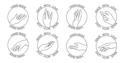 Circle hand made badges and labels. Linear hand in different gestures.