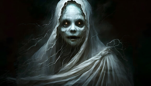 Scary, spooky, female ghost with glowing eyes.