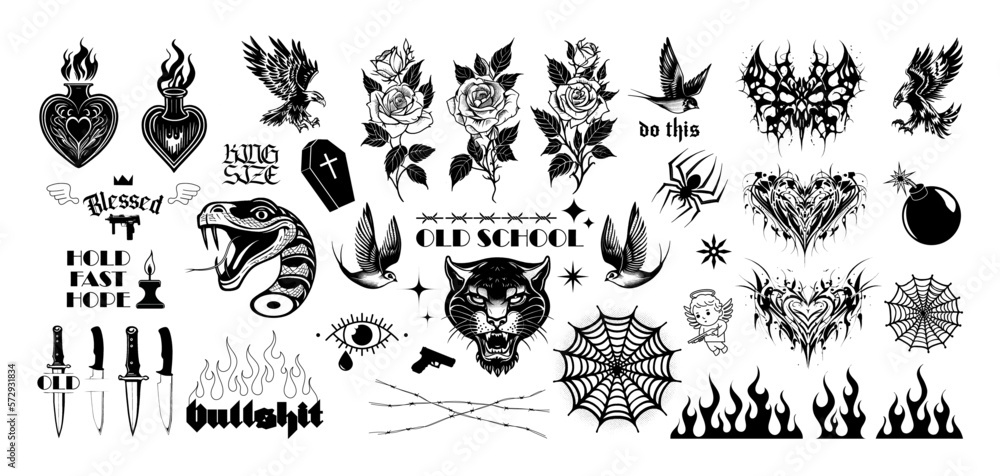 Wall mural Old school tattoos, y2k, Neo tribal. Skull style butterfly, severed snake head, panther head, round web, swallows, roses, hearts, daggers, fire and more. Classic old school tattoos, Neo tribal, y2k