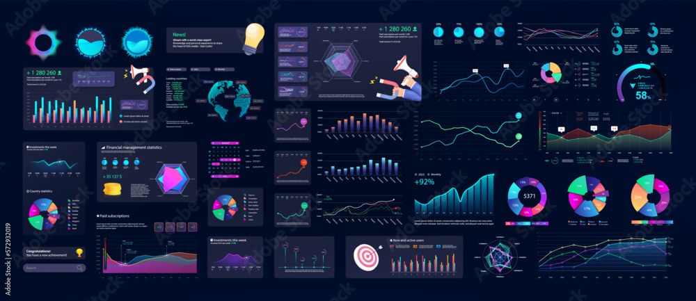 Poster bright collection elements - infographics, diagrams, charts for dashboard, data analysis, online sta