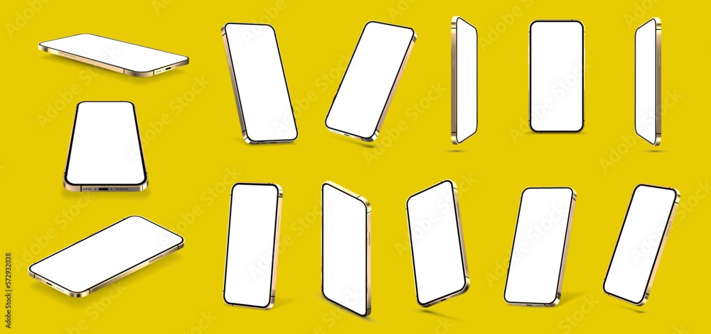 Poster Golden mobile phone mockups in realistic style and different angles and perspective view. 3D smartphone template with blank screen and shadows. 3D Vector collection realistic mobile phones. Vector