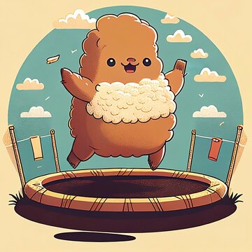 brown cute bear on trampoline cartoonish