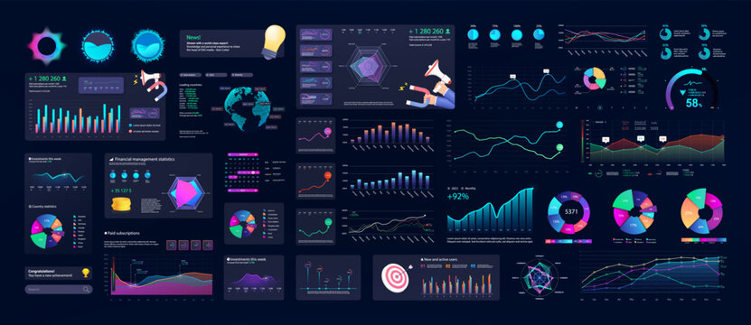 Bright collection elements - infographics, diagrams, charts for dashboard, data analysis, online statistic. Dashboard information mockup panel. UI, UX, KIT elements design. Vector, presentation data