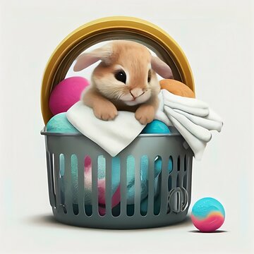 cute eastern bunny in bucket full of clothes