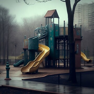 playground in cold stormy rainy day